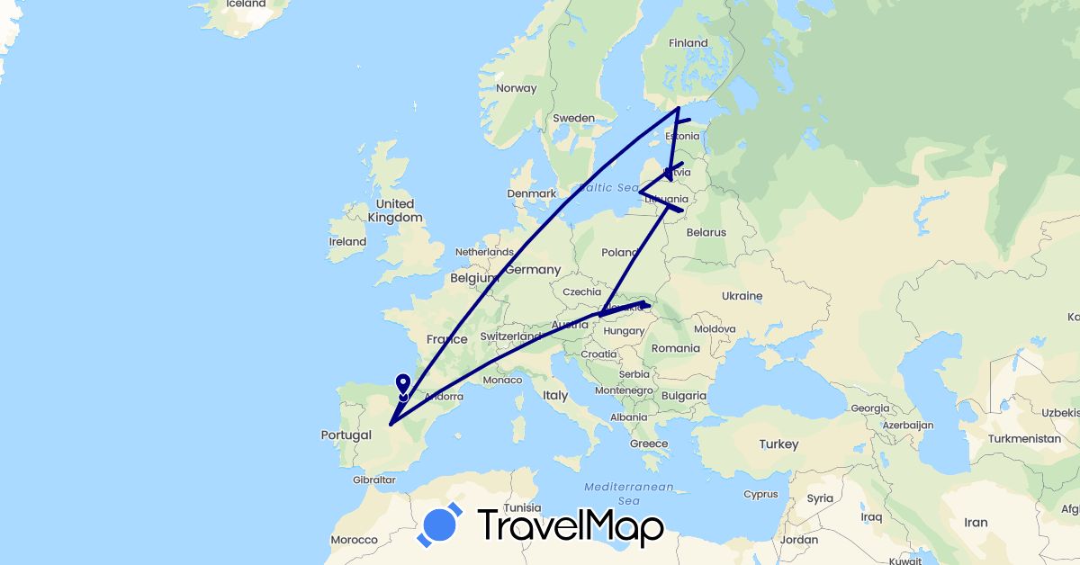 TravelMap itinerary: driving in Austria, Estonia, Spain, Finland, Lithuania, Latvia, Slovakia (Europe)